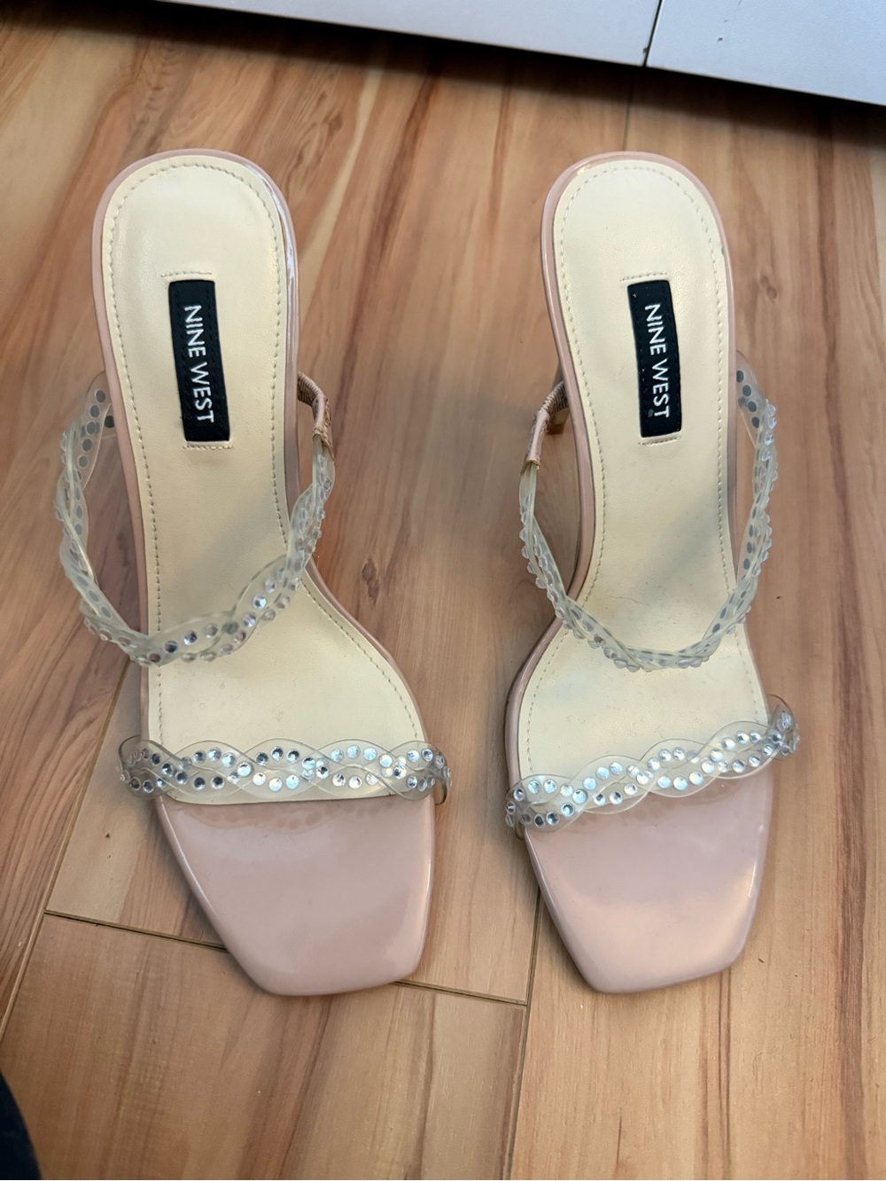 Nine West Nude Patent Slide Heels with Clear Rhinestone Straps